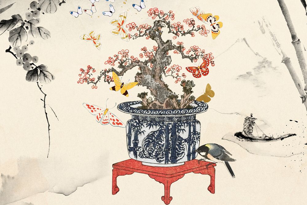 Vintage Japanese flower background, plum blossom and butterflies illustration