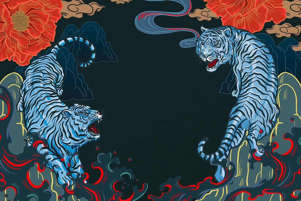 Aesthetic Japanese tigers background, round frame design