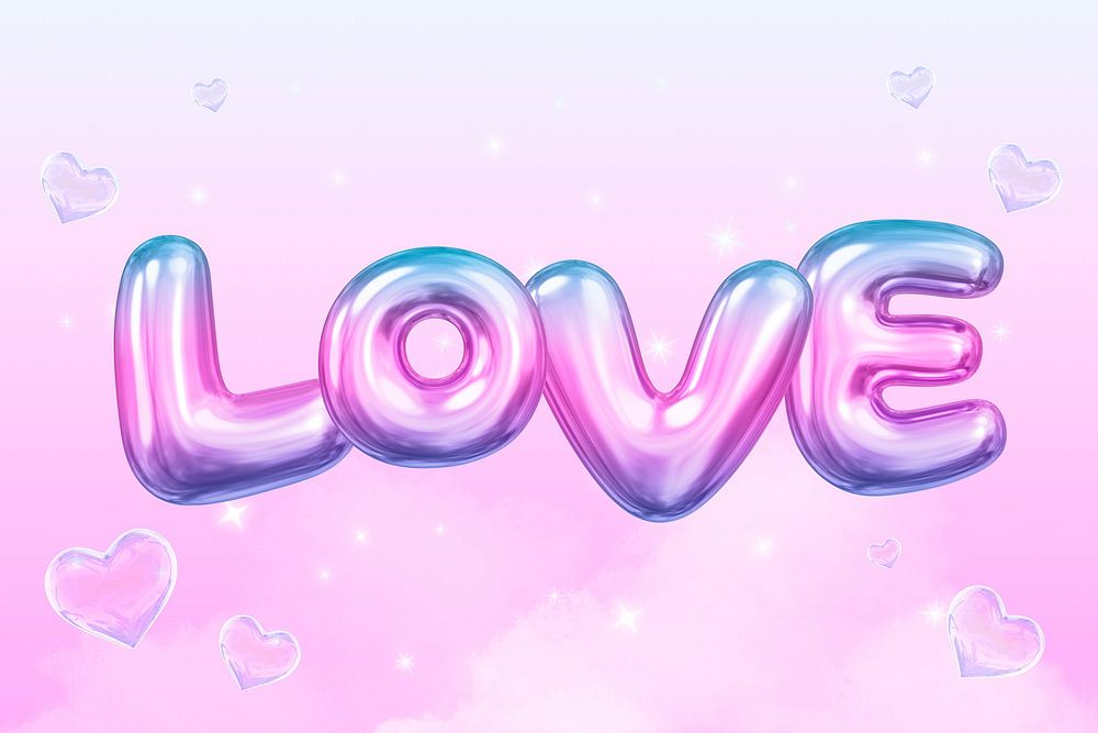 Love 3D word, gradient balloon in pink