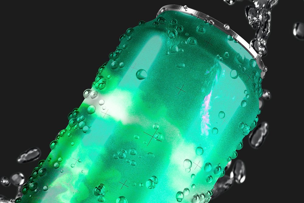 Green soda can with water droplets