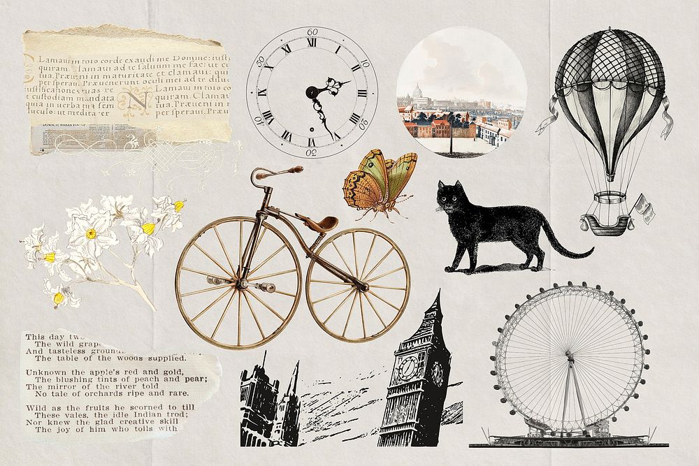 Vintage illustration Ephemera, travel collage element set