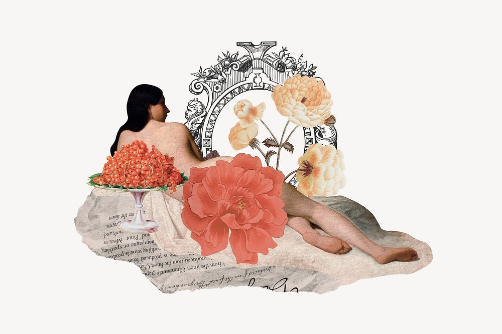 Vintage floral woman ephemera remix illustration