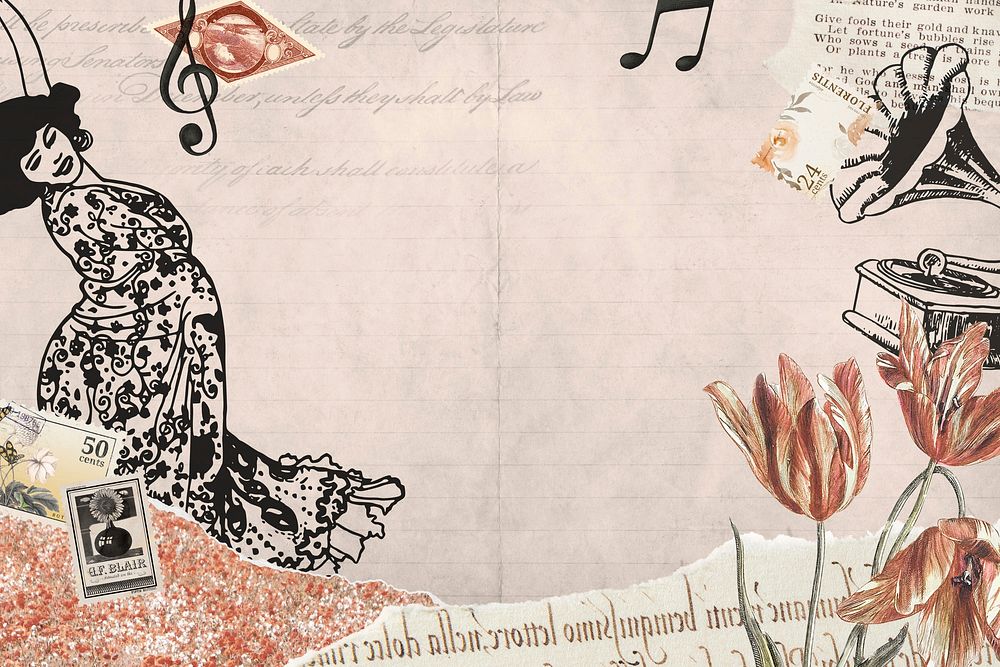 Pink vintage music ephemera background, mixed media illustration