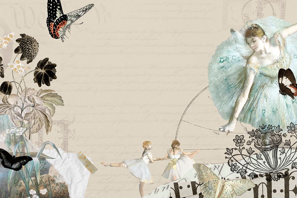 Beige vintage ballerina ephemera background, mixed media illustration