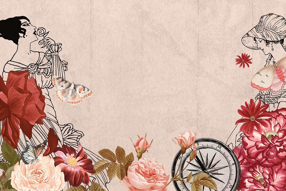 Pink vintage ladies ephemera background, mixed media illustration