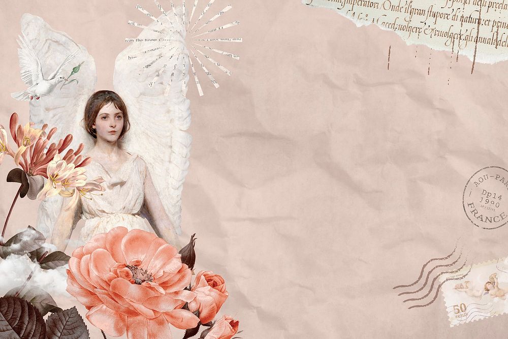 Pink vintage angel ephemera background, mixed media illustration