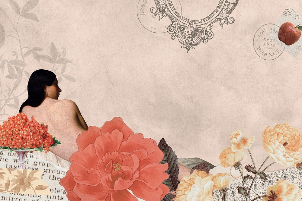 Pink vintage lady ephemera background, mixed media illustration