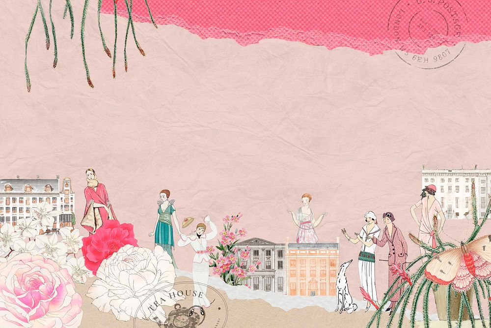 Vintage ladies ephemera pink background, mixed media illustration