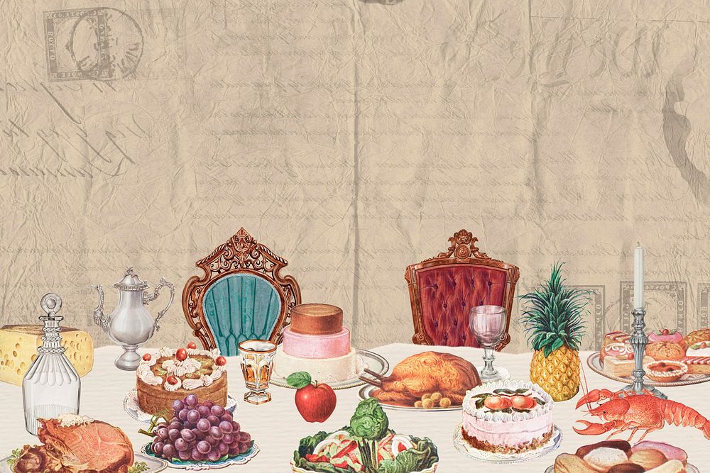 Supper table ephemera brown background, vintage mixed media illustration