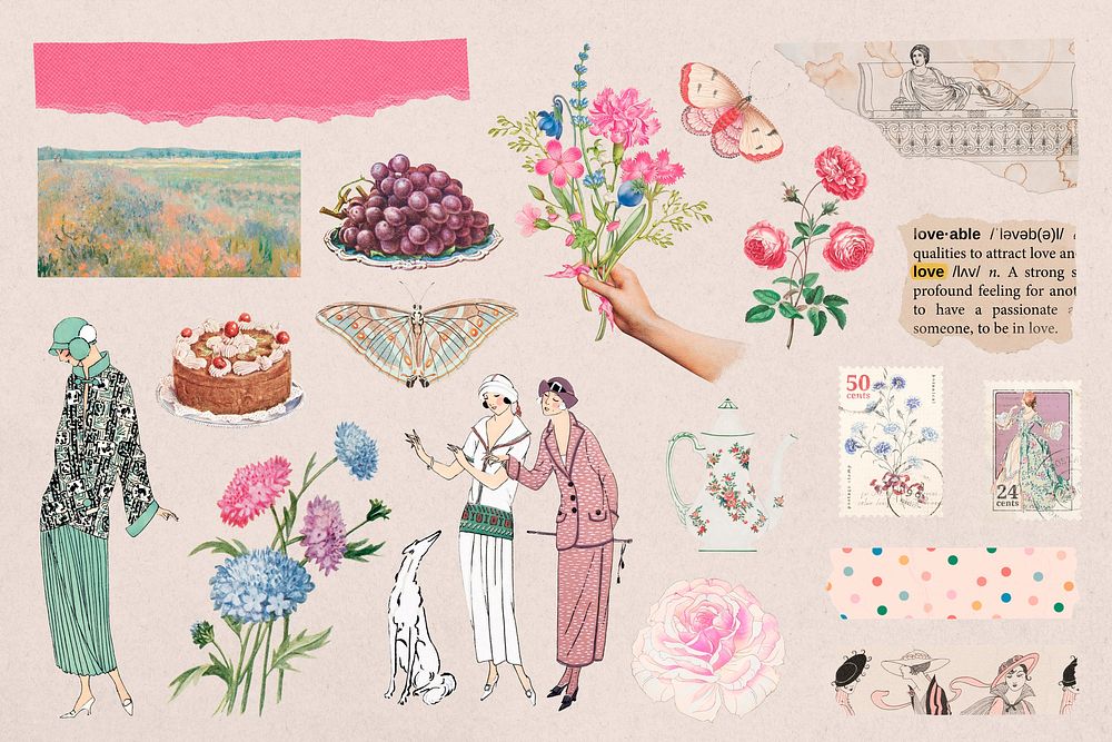 Pink vintage women ephemera collage set
