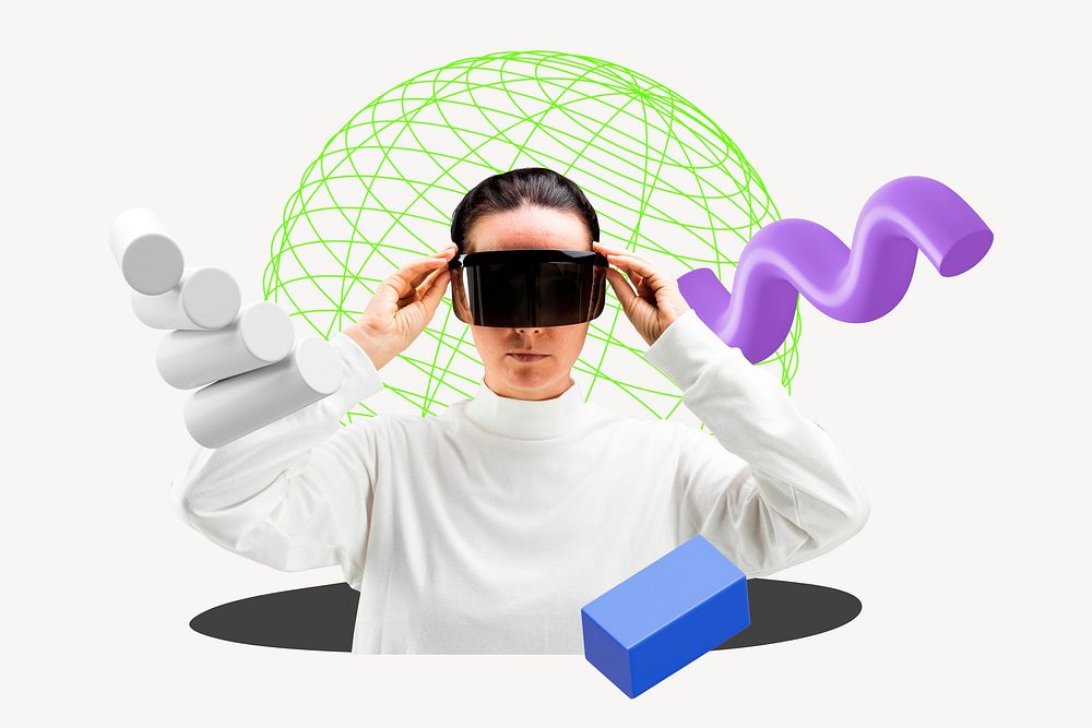 Woman wearing VR, 3D technology remix