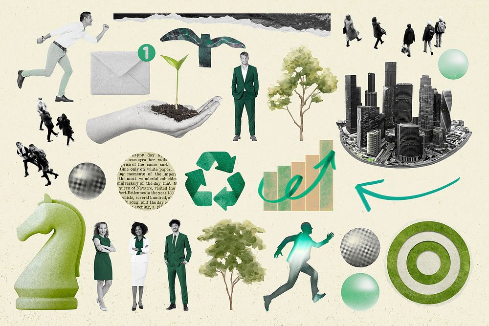 Sustainable business, green corporate collage elements set