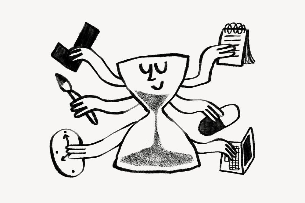 Hourglass cartoon, time management doodle psd