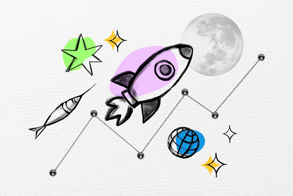 Flying rocket, startup business doodle