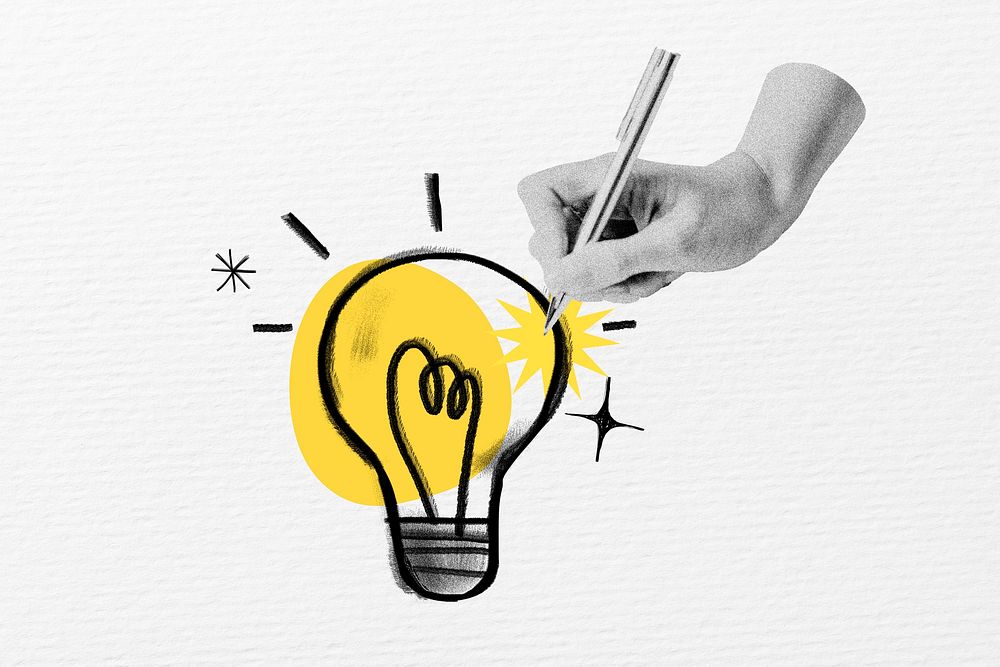 Hand writing ideas on light bulb, mixed media doodle