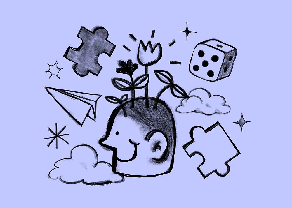 Creative mind, head growing flower doodle