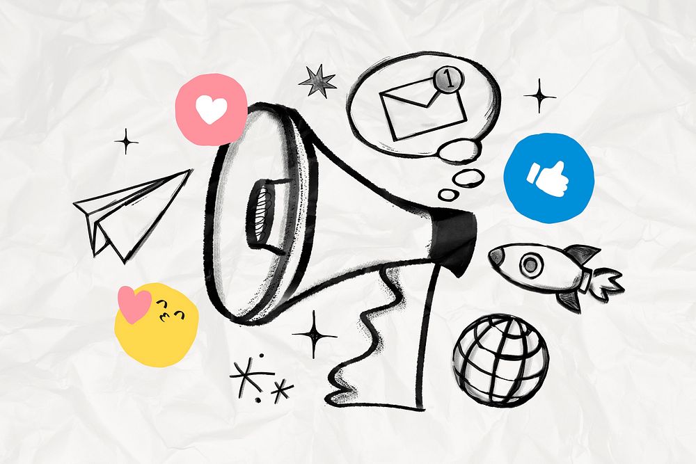 Digital marketing doodle, megaphone and rocket