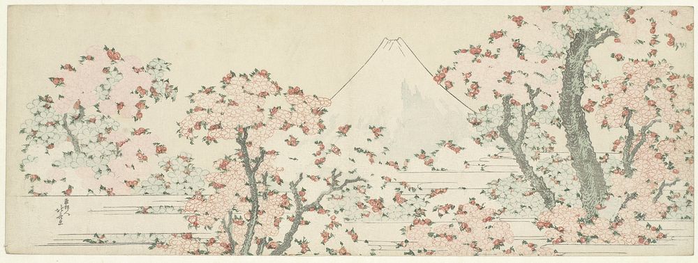 Hokusai's (1760-1849) Mount Fuji seen throught cherry blossom. Original public domain image from the Rijksmuseum.