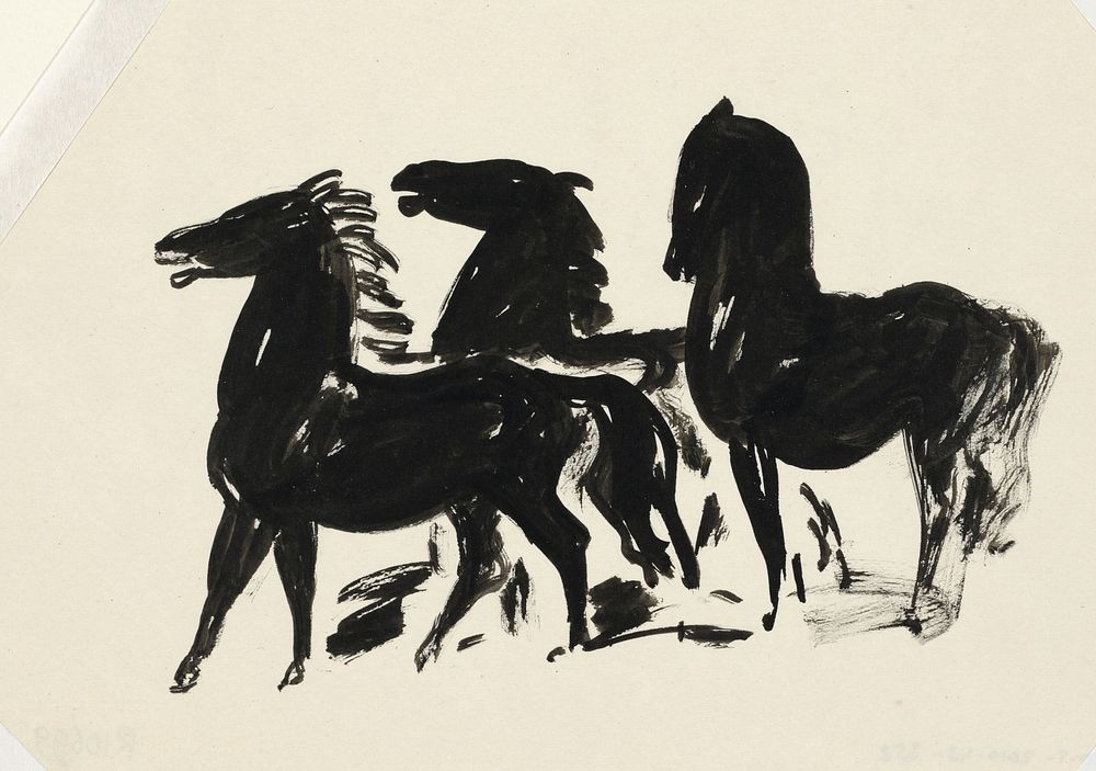 Drie zwarte paarden staand naar links kijkend (1935&ndash;1936) drawing in high resolution by Leo Gestel. Original from The…