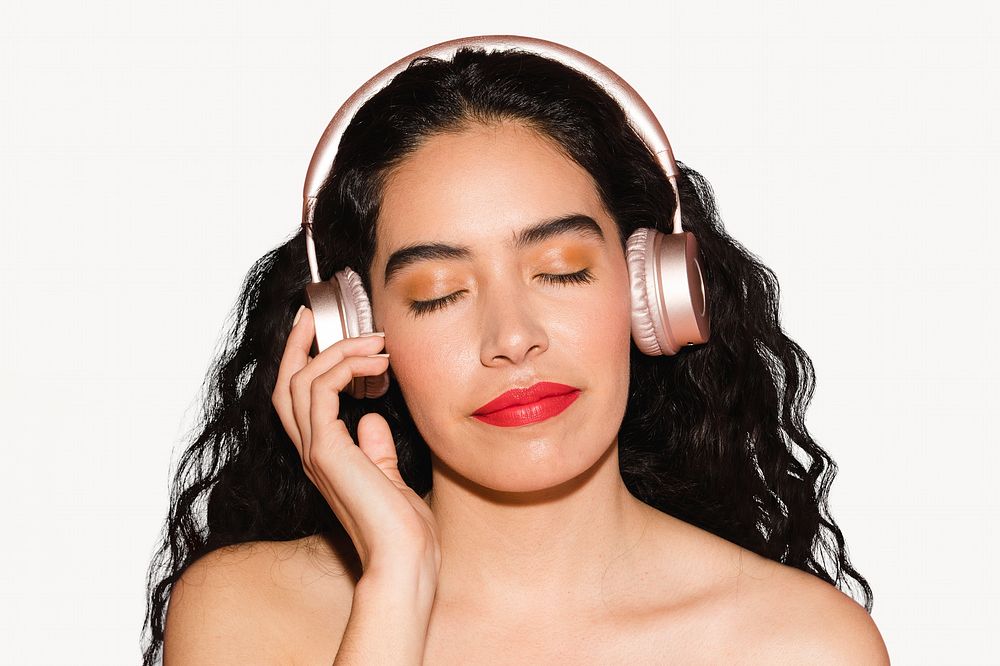 Woman wearing headphones, isolated music image
