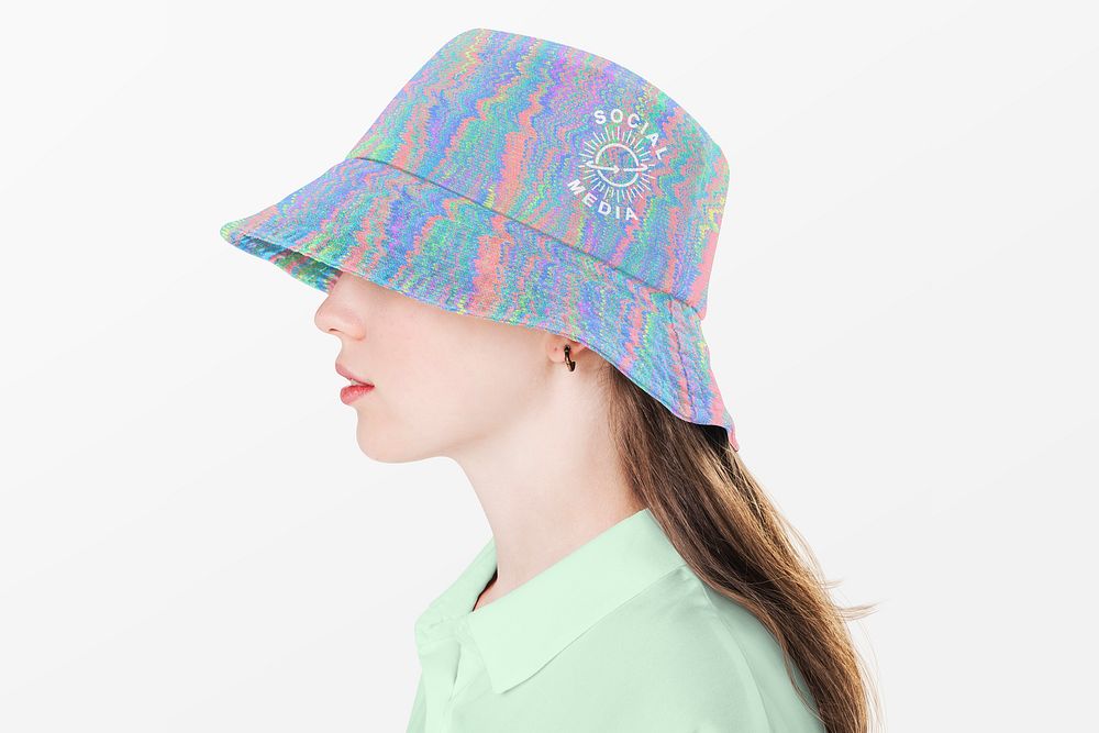 Colorful bucket hat psd mockup holographic design with logo youth apparel shoot