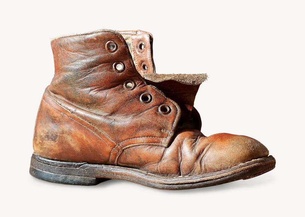 Old leather boot, isolated apparel image psd