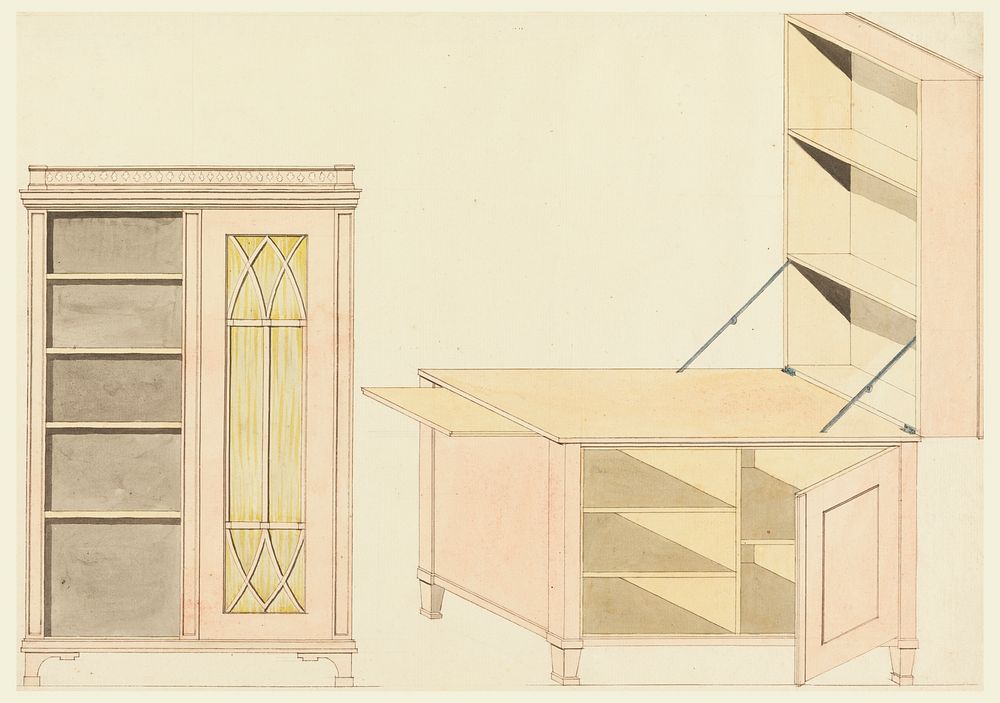 Designs for Mechanical Furniture: Bookcase and Shelf Desk