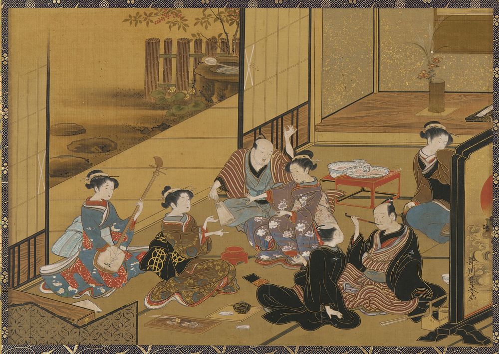 Interior scene of a party with geisha and clients by Utagawa Toyoharu