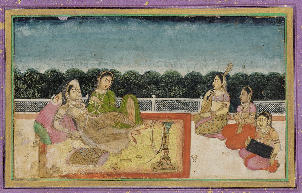 A Lady and attendant on a terrace at evening, with three women musicians, Mughal Court
