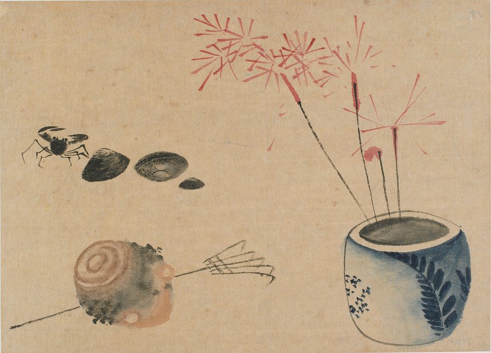 Sparklers, crab and bulb by Katsushika Hokusai