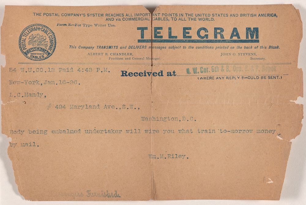 Telegram to L.C. Handy from William M. Riley