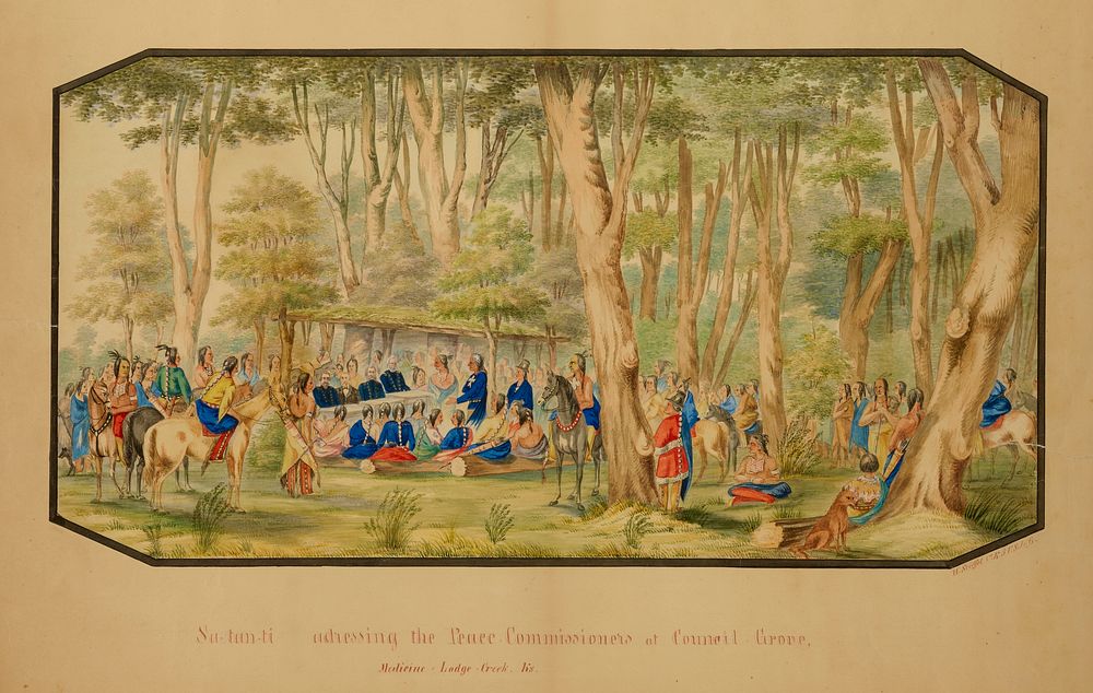 Sa-tan-ti Addressing the Peace Commissioners at Council Grove, Medicine Lodge Creek by Hermann Stieffel