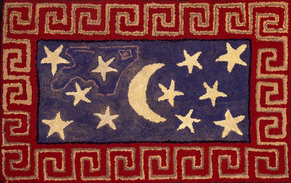 Hooked Rug with Stars, Crescent and Fret