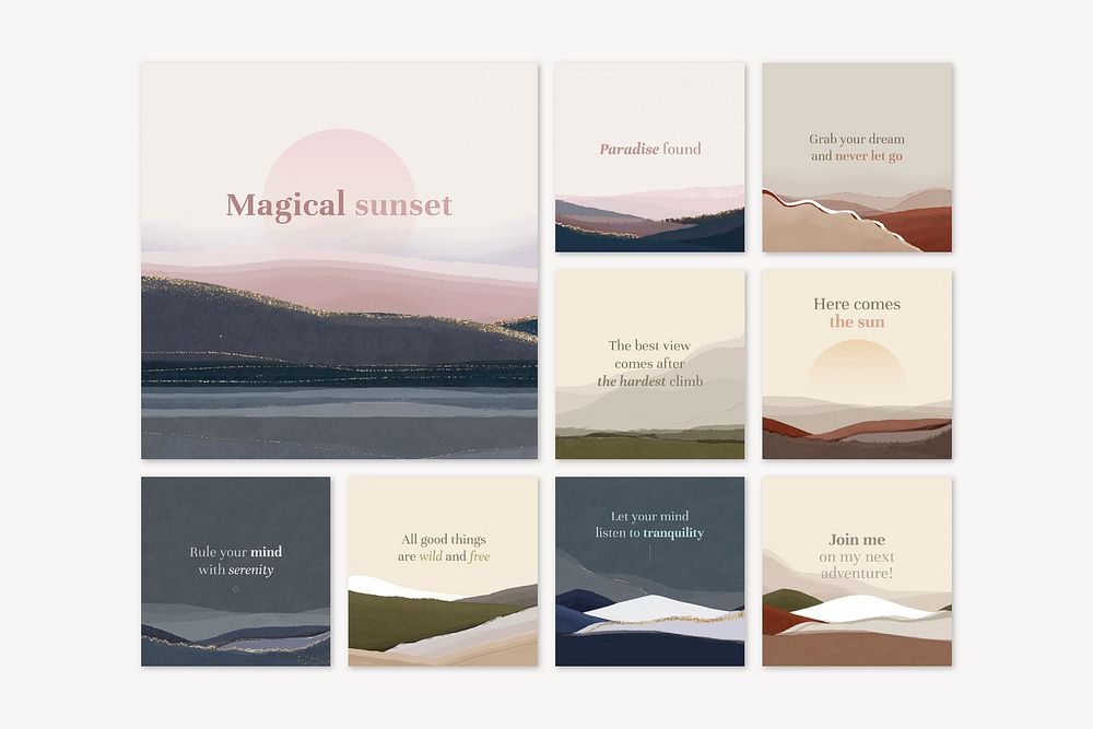 Aesthetic landscape Instagram post template, positive quotes vector set