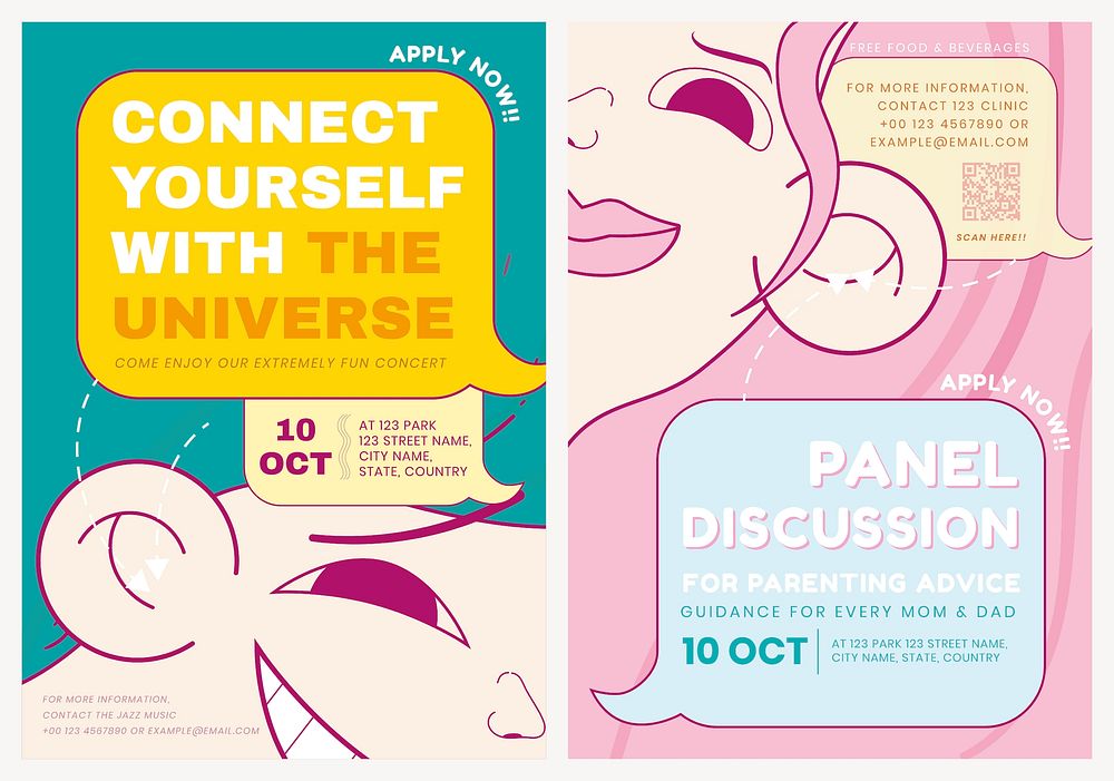Cute invitation poster template, mental health cartoon design set vector