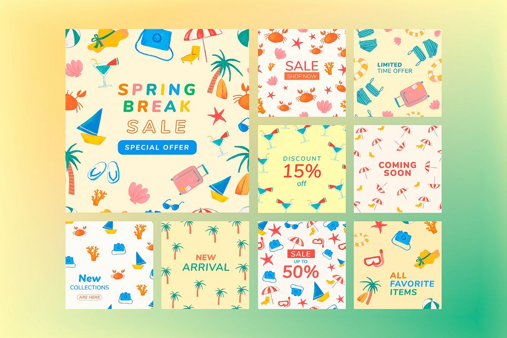 Spring break sale Instagram posts set, summer pattern design in vector