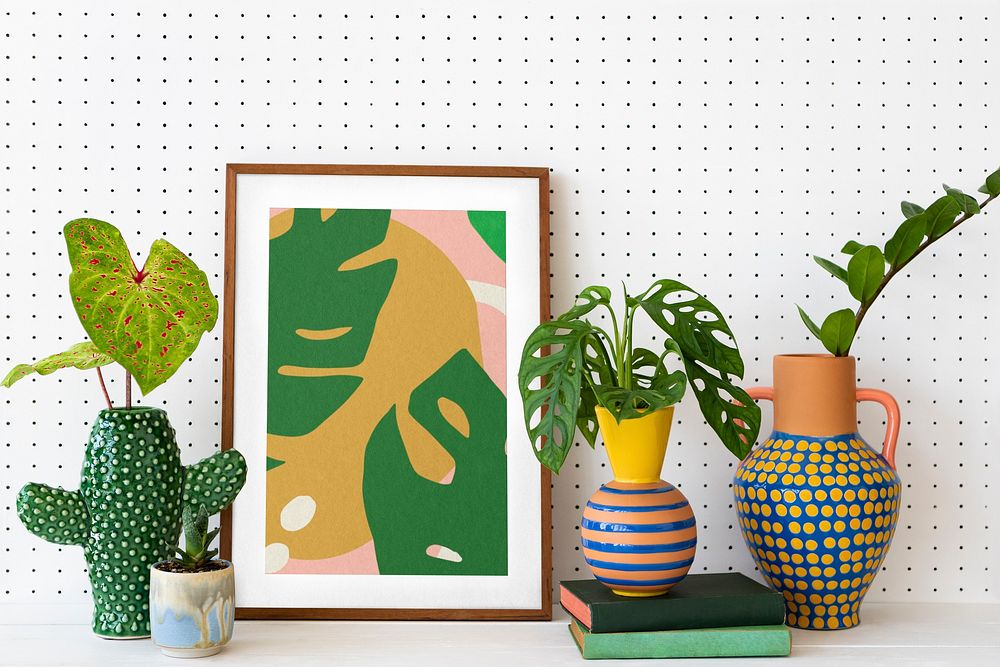 Aesthetic framed photo with houseplant, home decor