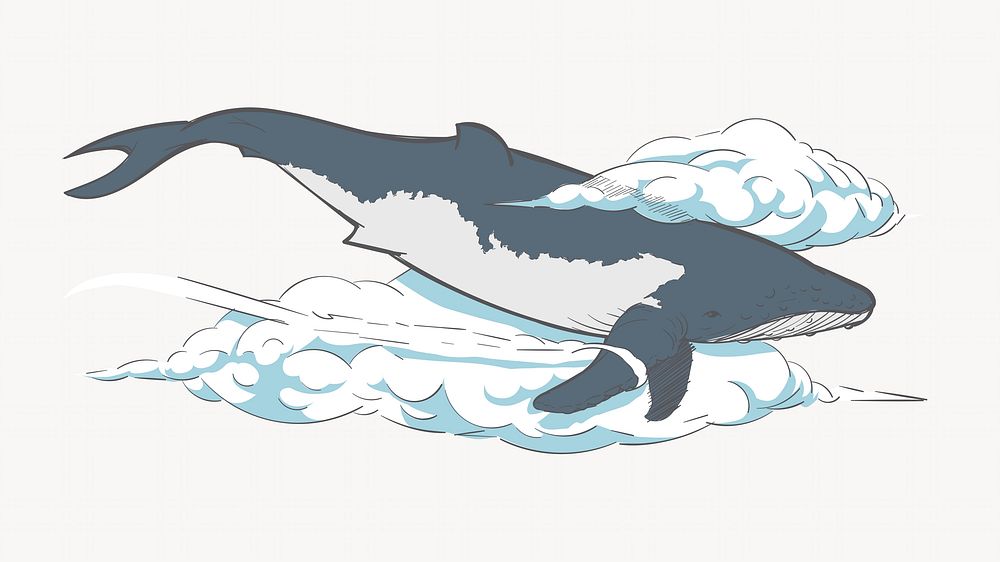 Flying whale in the clouds, isolated animal illustration