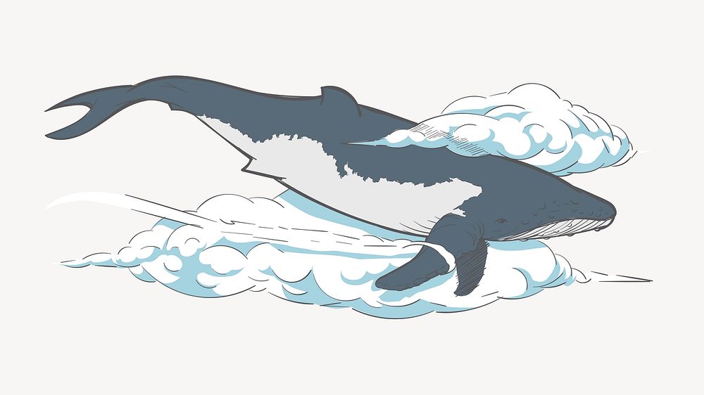 Flying whale in the clouds, isolated animal illustration psd