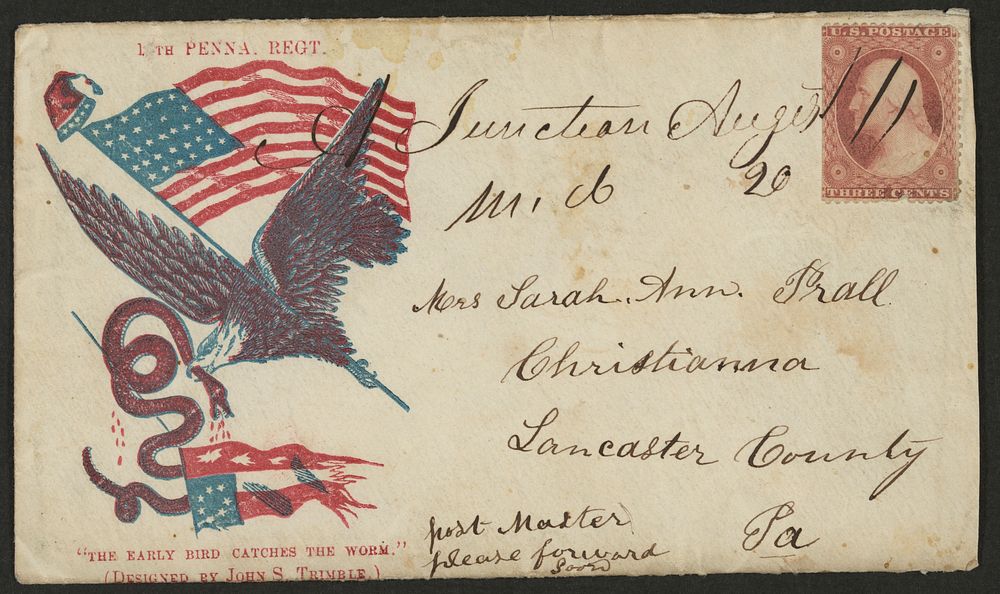Civil War envelope showing an eagle carrying an American flag in its claw and a serpent in its beak with motto "The early…