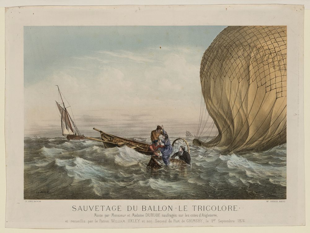 Sauvetage du ballon "Le Tricolore" Mont&eacute; par Monsieur et Madame Duruof, naufrag&eacute;s sur les c&ocirc;tes…