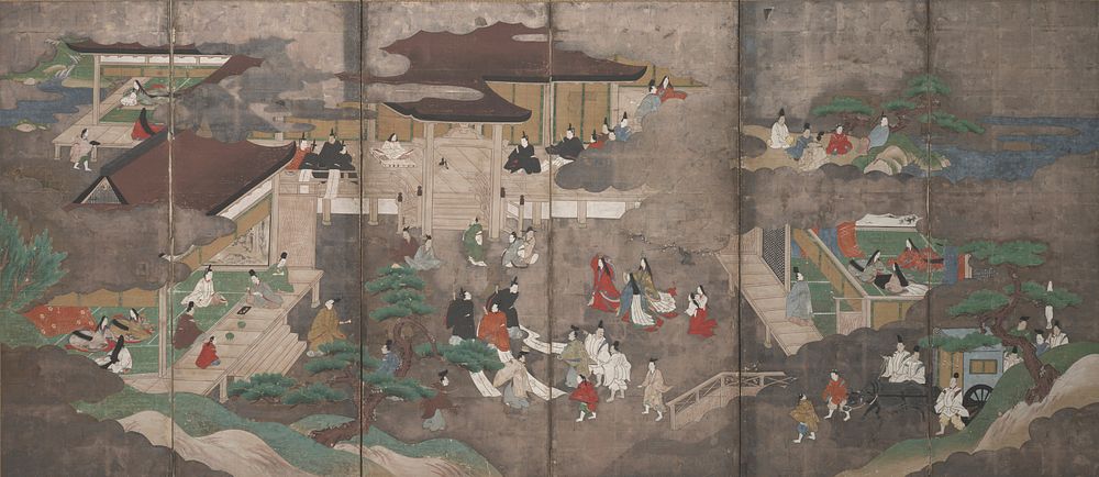 Scenes from the Tale of Genji on Silver Ground (left of a pair) during 18th century painting in high resolution.  Original…