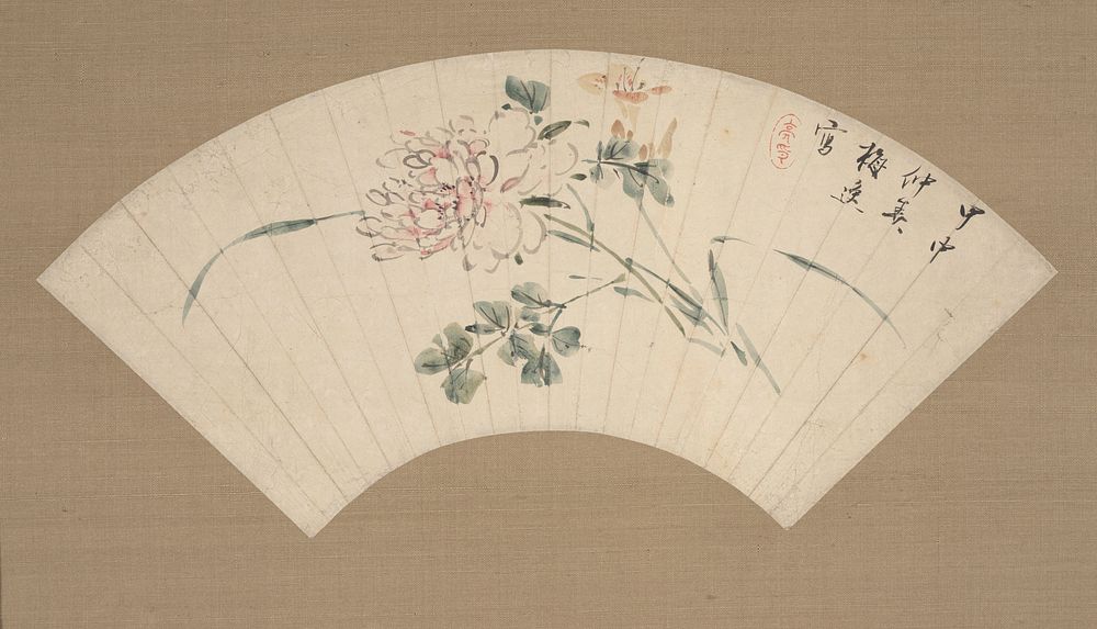 Peony on a fan during first half 19th century painting in high resolution by Yamamoto Baiitsu.  Original from the…