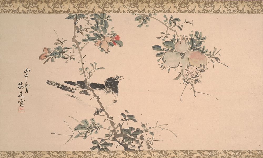 Pomegranate and Bird during first half 19th century painting in high resolution by Yamamoto Baiitsu.  Original from the…