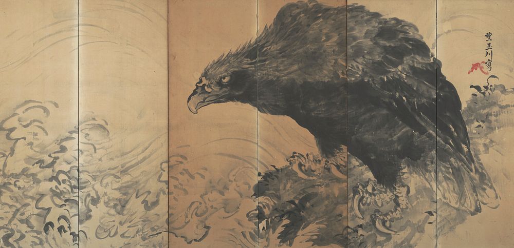 Eagle on Rock by Waves during first half 19th century painting in high resolution by Mochizuki Gyokusen. Original from the…
