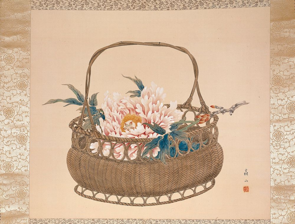 Peony in basket during 20th century painting in high resolution by Shozan. Original from the Minneapolis Institute of Art.