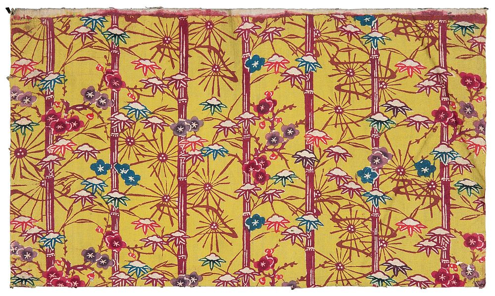 Yellow-ground fragment with motif of plum and bamboo covered in snow during 18th&ndash;19th century textile in high…