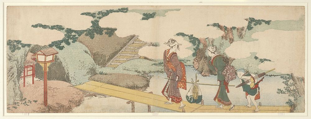 Two Women and a Boy on Boardwalk during 1800s in high resolution by Katsushika Hokusai. Original from The Minneapolis…