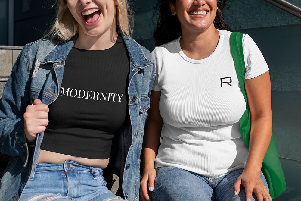 Casual tshirt mockup psd, happy women friends hanging out, outdoors summer shoot