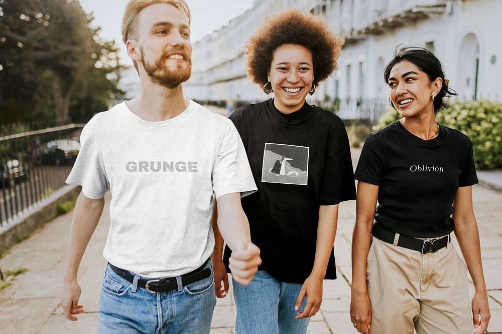 T-shirt mockup psd on three friends models
